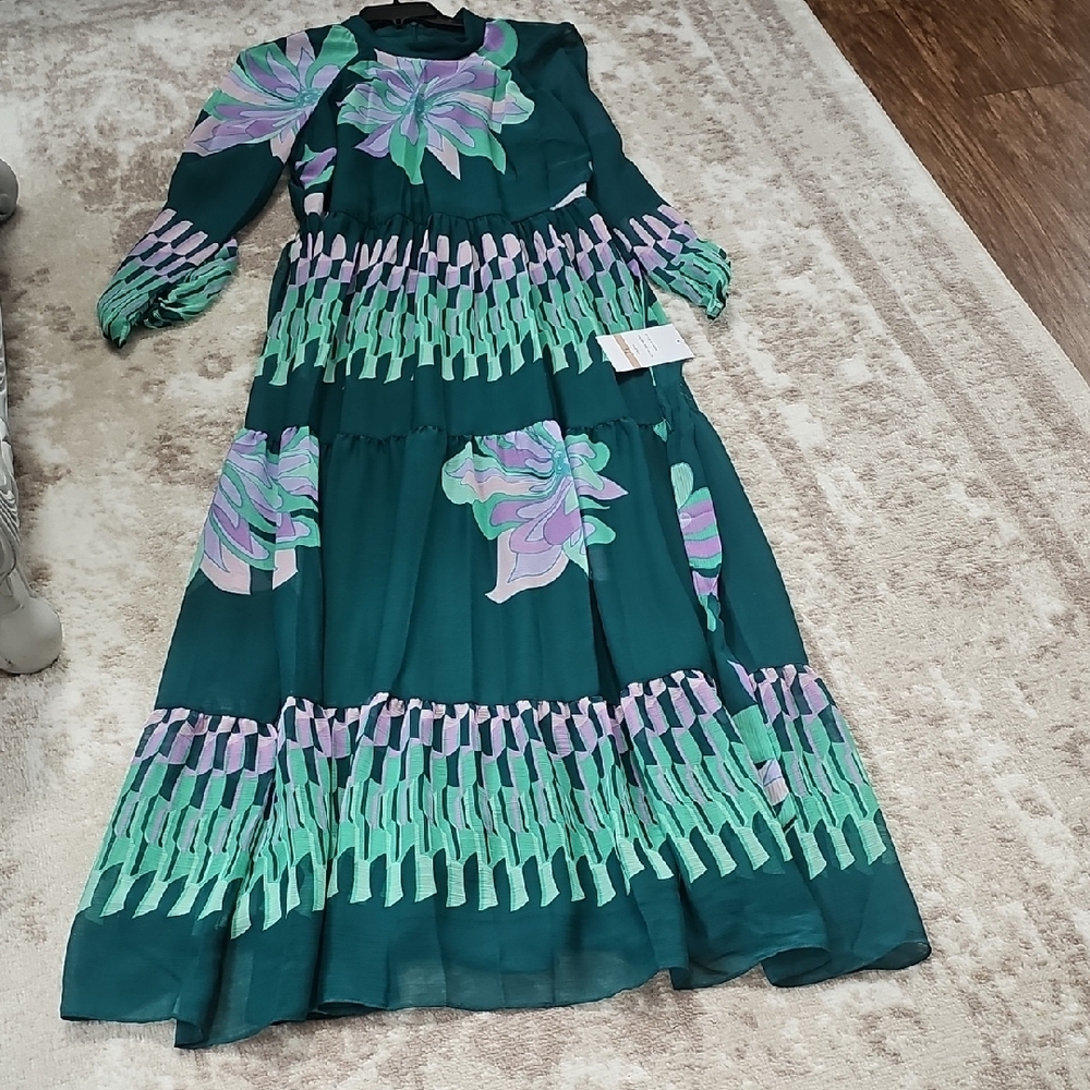 Floral Teal Long Sleeve Tiered Maxi Dress